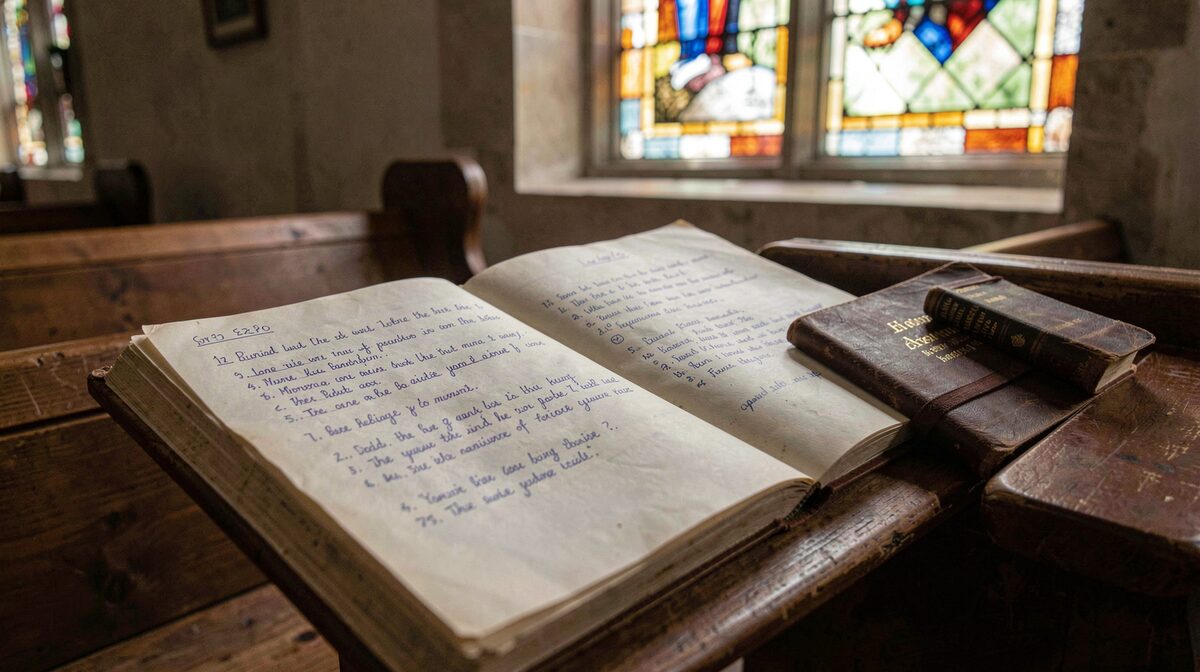 An open paper log book on a wooden church pew, dated entries in ink beside a hymnal, soft morning light through a stained glass window, close framing on the page