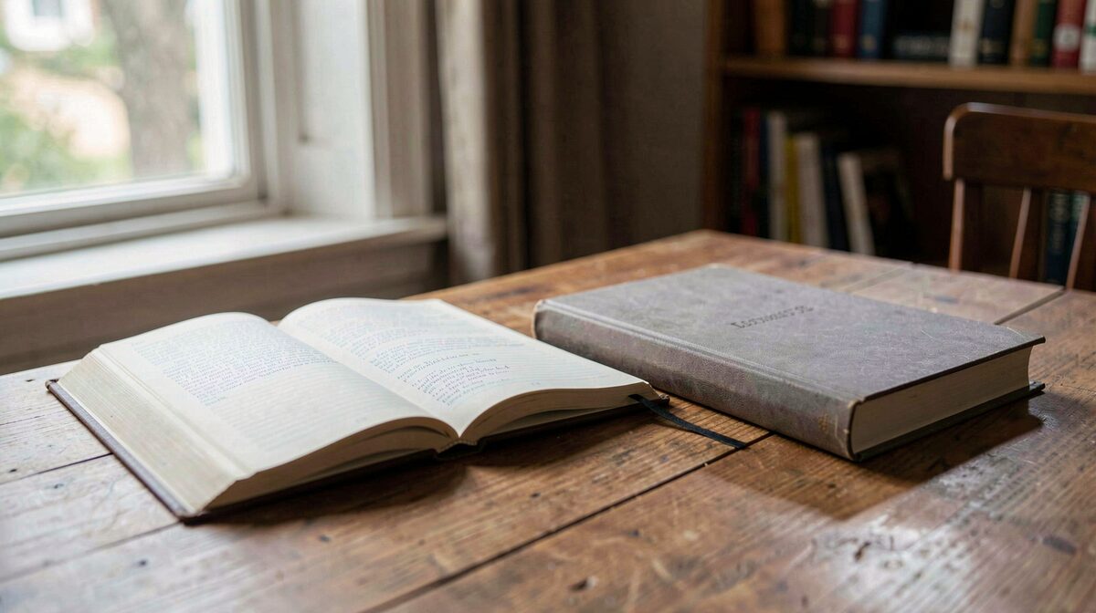 An open notebook and a closed book rest on a wooden reading-room table beside a window, soft morning light, close framing on the pages.