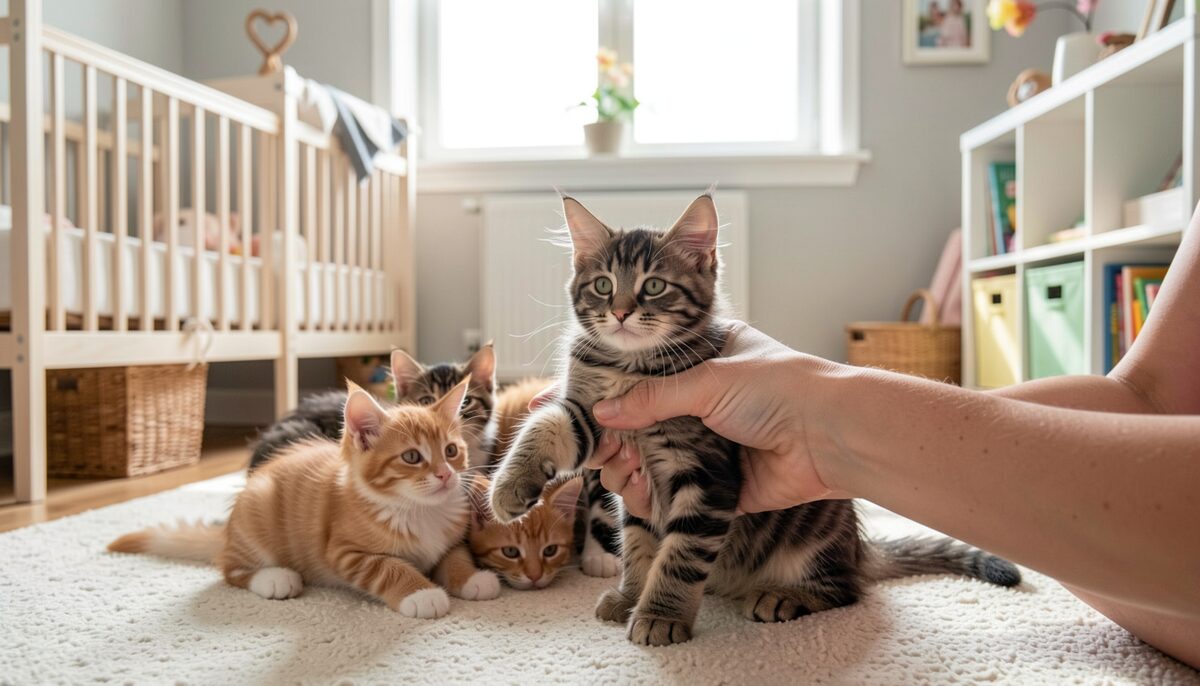 A litter of Maine Coon kittens in a home nursery room, one kitten being held gently by a visitor's hands