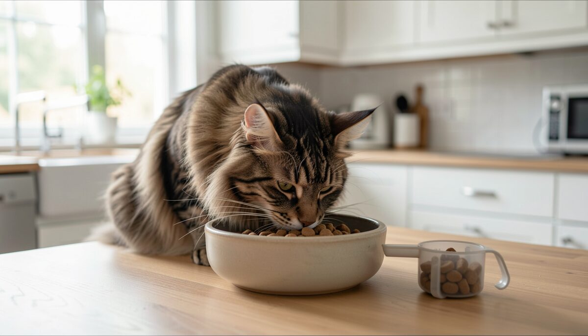 A large Maine Coon eating from a raised ceramic bowl in a kitchen, a dry food measuring cup beside it