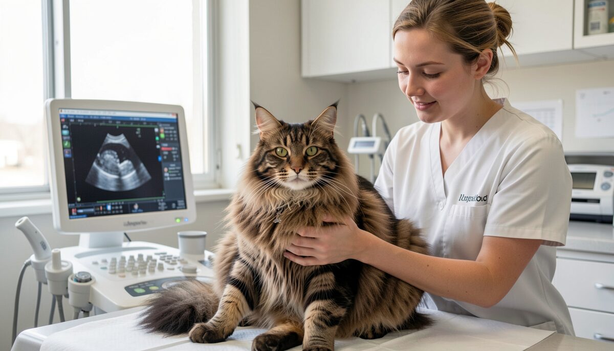 A veterinarian in a clinic gently holding a large calm Maine Coon during an ultrasound examination in a clinic