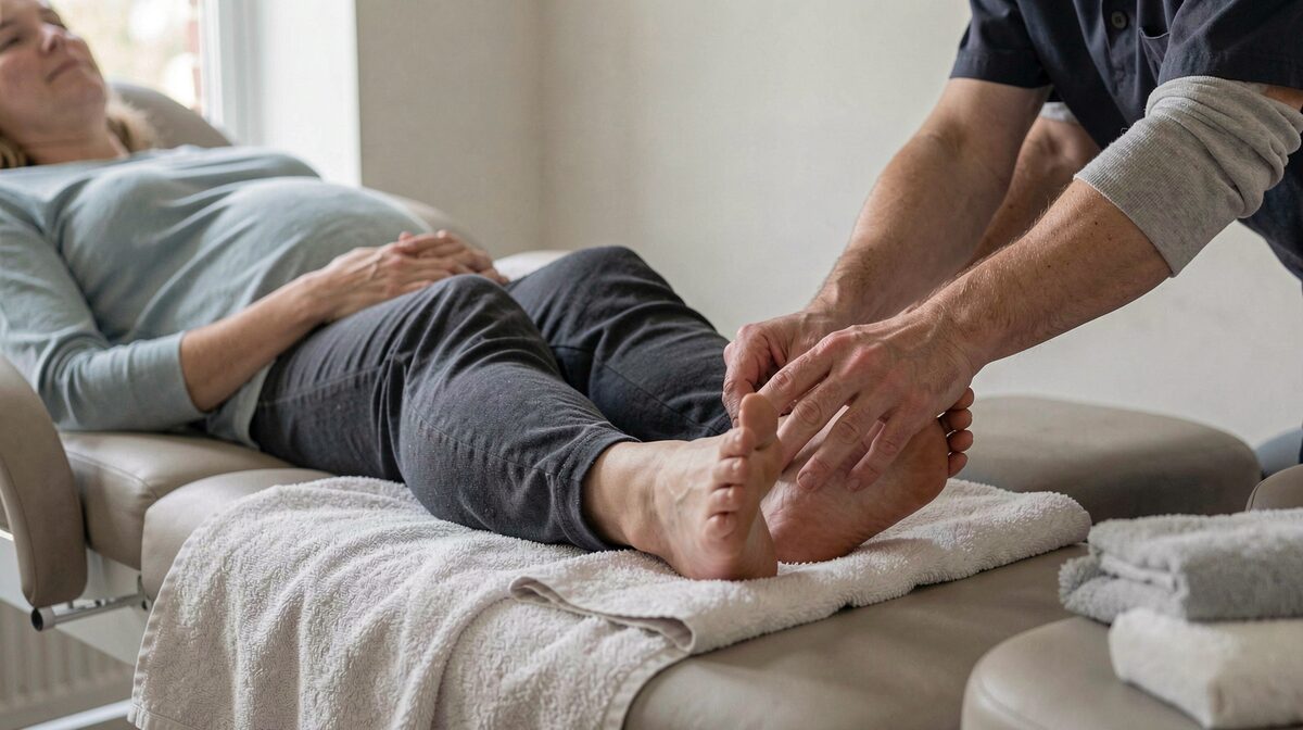 A calm treatment room in a London clinic, a pregnant woman reclining on a padded chair with her feet on a towel, a reflexologist's hands applying thumb pressure, soft daylight from a side window, medium shot at eye level.