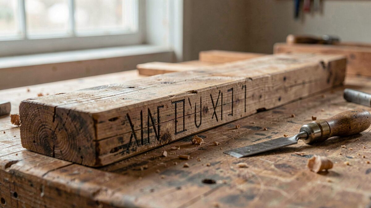 A salvaged timber beam with old tool marks laid on a workbench beside a chisel, side daylight from a workshop window, close framing.