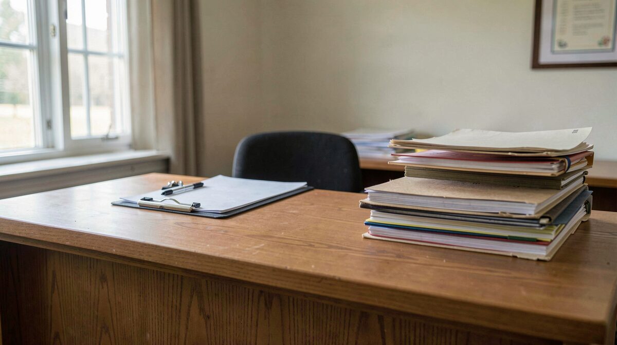 A plain wooden front desk in a small community center office, morning light through a window, a clipboard and stacked folders in sharp focus, framed straight-on.