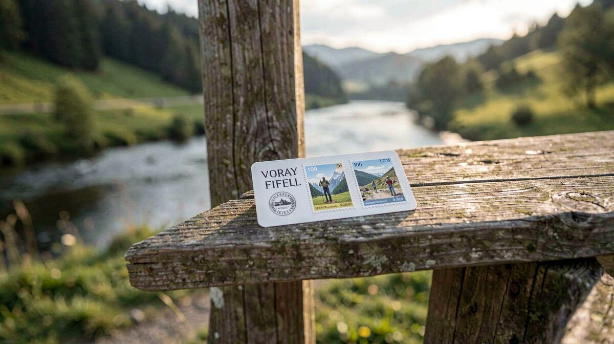 A hiker's stamp card resting on a wooden signpost in the Eifel valley, morning light, low angle with the river blurred in the background.