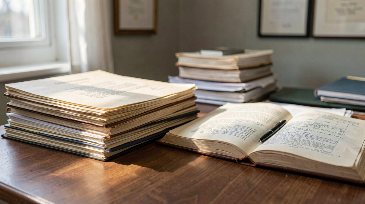 A closing table at a county records office, mid-morning light on stacked deed folders, an open register book in close framing.