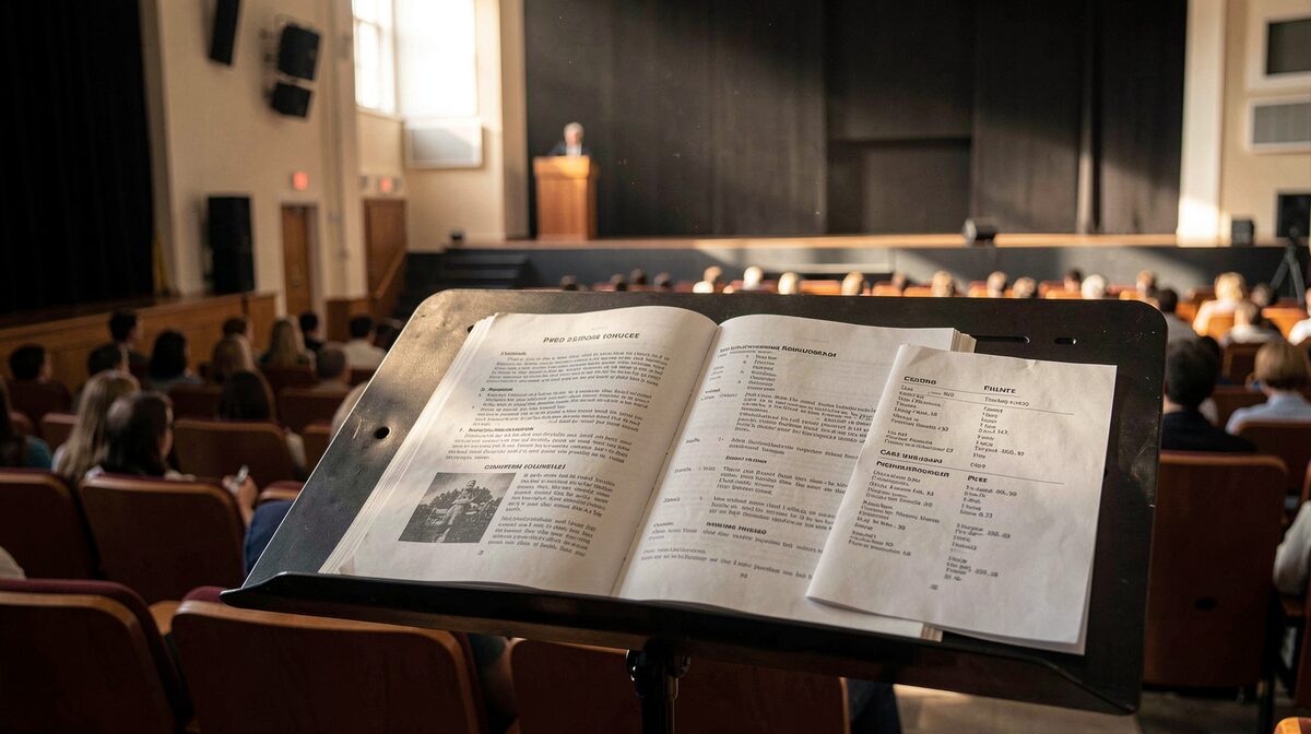 A school auditorium stage in late afternoon light, an open printed play programme on a music stand in the foreground, a folded cast list beside it, shot straight on.