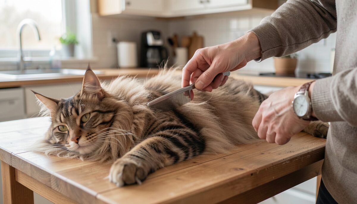 A person gently combing the long ruff of a calm Maine Coon lying on a kitchen table, a metal comb in hand