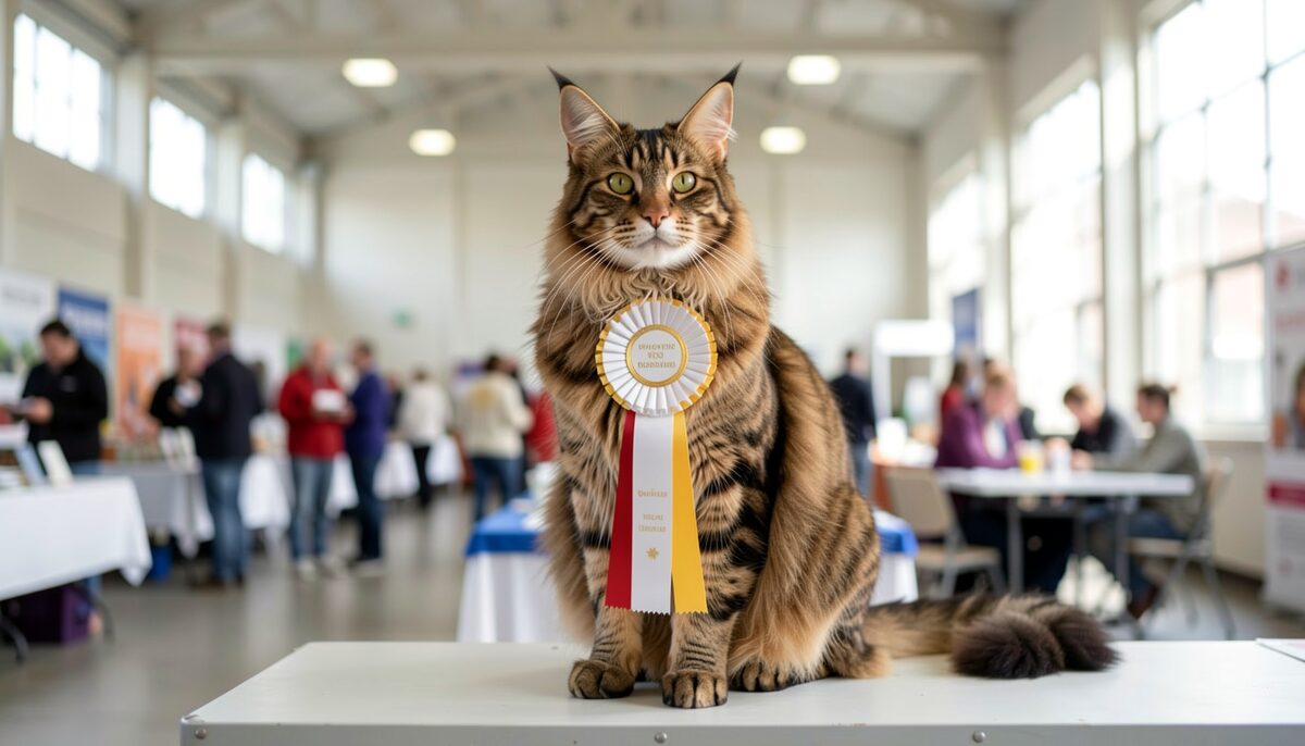 A Maine Coon wearing a show ribbon rosette, sitting proudly on a table in an exhibition hall